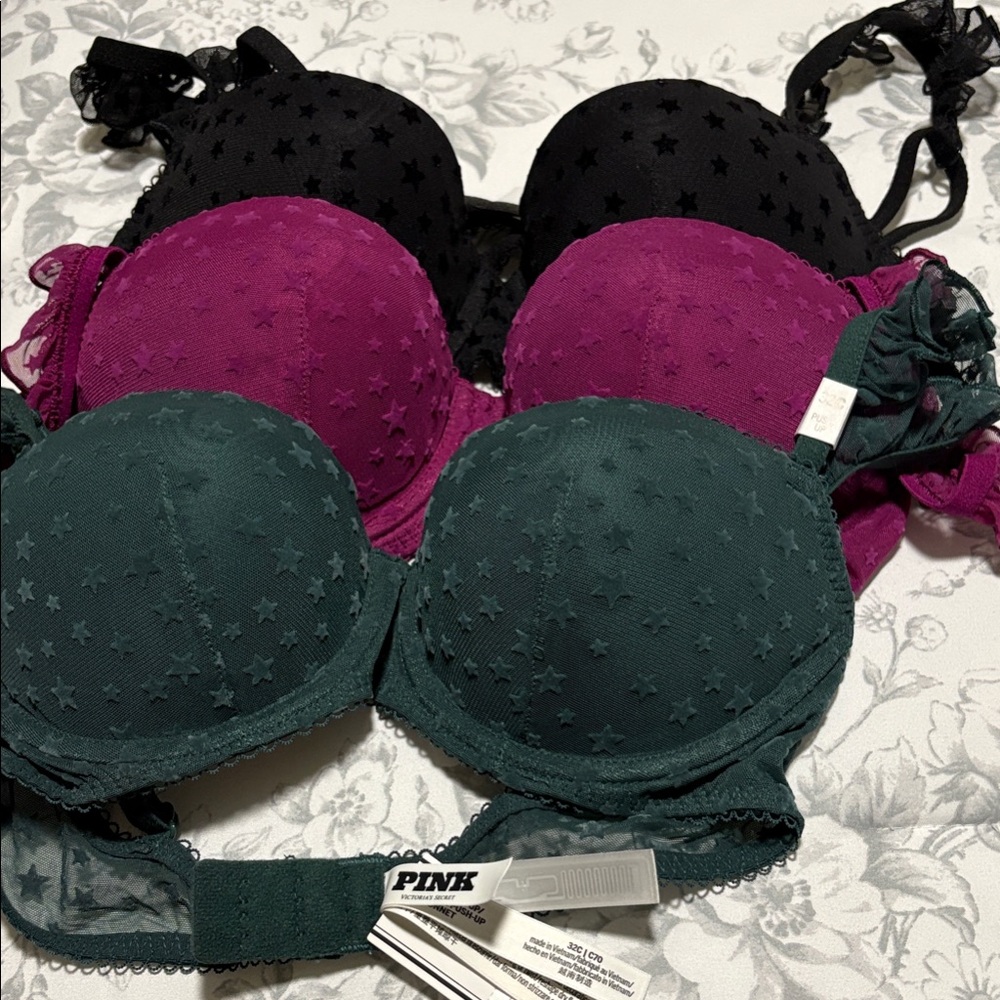 3 PINK Victoria's Secret Star Pattern Bras - Black, Purple, Green 32C